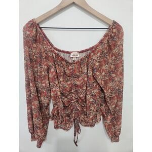 Willow + Root Floral Mesh Ruched Front Long Sleeve Top RB19153 Rust Orange Large